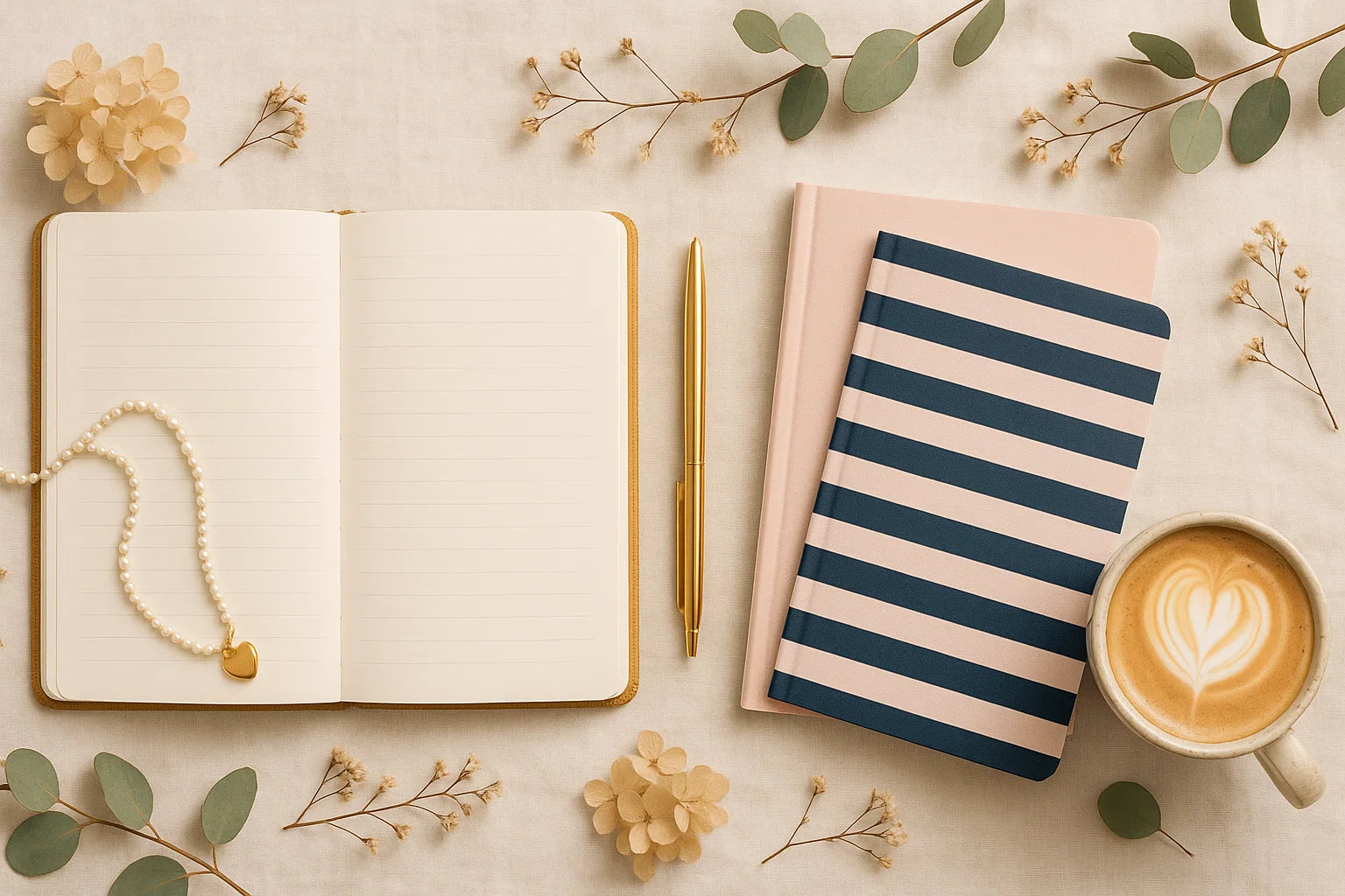 Open notebook with a necklace, striped notebook, and coffee cup on a light surface with flowers and leaves.